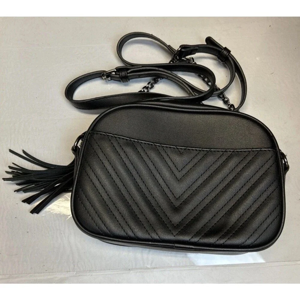 Lola Mae Black Faux Leather Chevron Crossbody Bag with Tassel